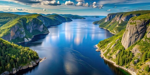 Wall Mural - Aerial view of the stunning Saguenay Fjord in Quebec, showcasing dramatic cliffs and deep blue waters, Quebec