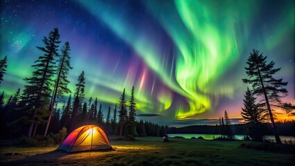 Sticker - Beautiful aurora over a camping site in the wilderness, aurora, camping, wilderness, night sky, stars, tent, adventure