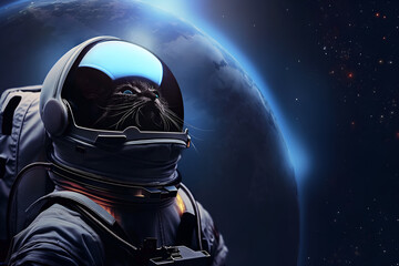 Wall Mural - a cat wearing an astronaut helmet against a starry space backdrop