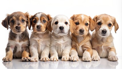 Poster - Adorable puppies sitting in a row looking towards the camera, puppies, dogs, cute, adorable, sitting, row, together, looking