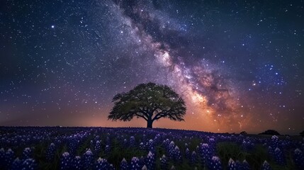 A solitary tree is illuminated by the star-studded Milky Way in a serene field of blue flowers, capturing the essence of nature and the beauty of the night sky.