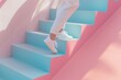 © Dina - woman wearing trendy sports shoes jogging or walking in minimal colorful staircase pink blue pastel color, active healthy  lifestyle, of person taking proactive steps, minimalist wellness poster