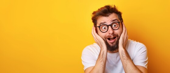 Wall Mural - Shocked Man With Beard and Glasses Against Yellow Background