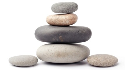 Wall Mural - close up side view on stack of zen pebble stones on white background