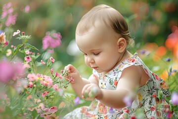 Wall Mural - a baby girl in a field of flowers