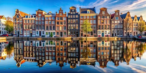 Sticker - Amsterdam houses reflecting on canal waters on a sunny day, Amsterdam, houses, canal, water, reflections, sunny, day