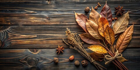 Canvas Print - Artistic autumn still life with dried branch, bay leaves, and rustic elements on dark wooden background , Thanksgiving, harvest