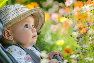 a small child wearing a hat and sitting in a stroller