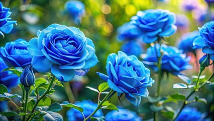 Poster - Beautiful blue roses blooming in a vibrant garden, blue, roses, flowers, garden, blooming, vibrant, colorful, petals, nature, floral