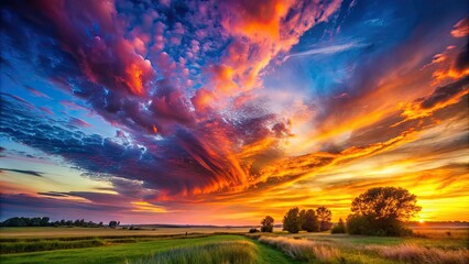 Poster - Beautiful landscape with colorful sky at sunset, sunset, landscape, sky, clouds, colors, nature, scenery, horizon