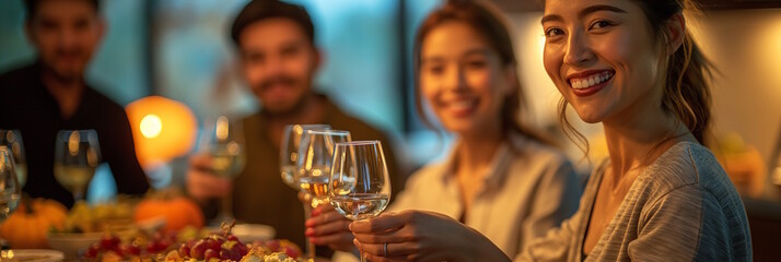 group of friends toasting drinks during a festive dinner, celebrating togetherness and joy, asian fr