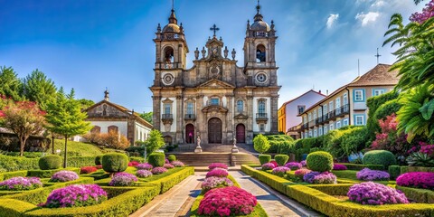 Canvas Print - Ancient church surrounded by plants and flowers in sunny Braga, Portugal, Braga, Portugal, church, ancient, plants