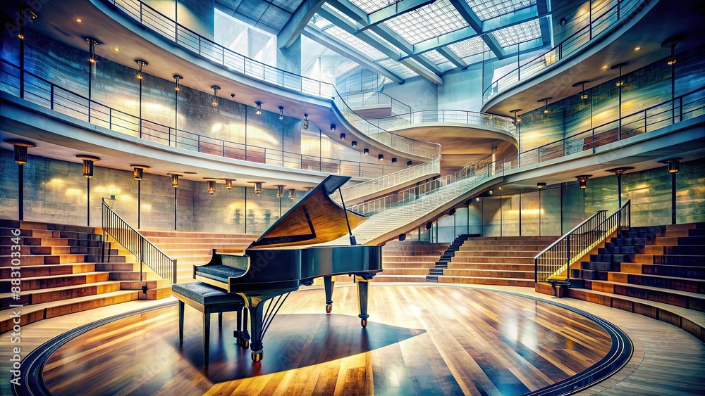 Artistic double exposure of a curved staircase and a grand piano in a ... - Luxury High-Rise Industrial Complex Piano Concert