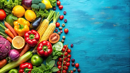 Poster - Assorted fresh fruits and vegetables on a vibrant blue background, produce, healthy, organic, colorful, nutrition, diet