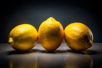 Wall Mural - Three lemons are sitting on a table. The lemons are yellow and appear to be ripe