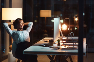 Poster - Business, woman and happy at desk with stretching for web design success, relax and productivity at night. Designer, person and satisfied in office for completed work, resting and done with project