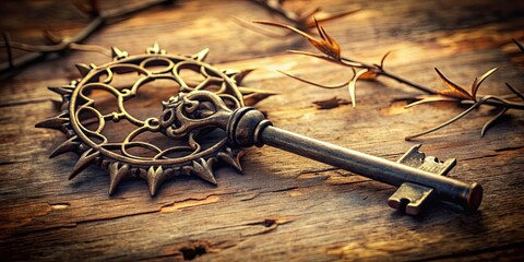 Sticker - Antique key with thorns, symbolizing protection and mystery, antique, key, thorns, vintage, old, metal, symbol, protection