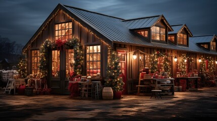 Poster - A picturesque holiday market scene, with rows of wooden stalls adorned with twinkling lights and festive decorations, 