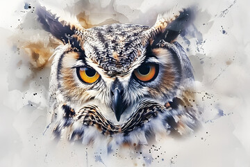 Wall Mural - Majestic watercolor owl with expressive eyes and soft, blended tones on a white background