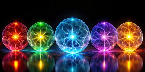 Poster - Balls of energy representing each chakra floating on black background, bright plasma, Chakras, energy, spiritual, meditation