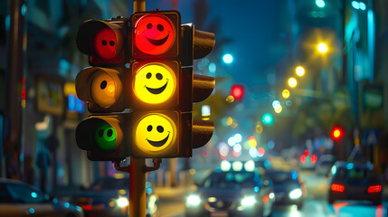 Wall Mural - Animated Traffic Light with Happy Faces on City Street at Night. International Traffic Light Day