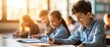 © Pual GotoMars - Children focused on their schoolwork in a bright classroom, learning actively, teamwork, and education with sunlight coming through windows.
