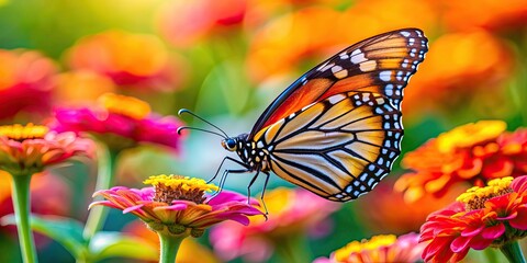 Poster - Close-up of a vibrant butterfly perched on a colorful flower in a garden, butterfly, flower, nature, wildlife, insect