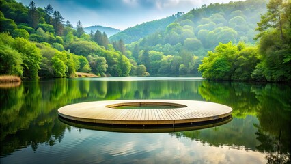 Canvas Print - Circular platform floating on calm valley lake surrounded by lush greenery, lake, valley, water, platform, circular