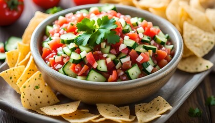 Wall Mural - Raw Homemade Cucumber Pico De Gallo Salsa with Chips
