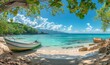 © Kevin - Beautiful caribbean sea and boat on the shore of exotic tropical island, panoramic view from the beach, Generative AI