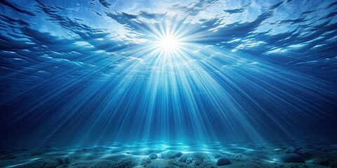 Poster - Abstract sun rays shining through underwater in a blue ocean setting, sunlight, rays, underwater, blue, ocean, abstract, background