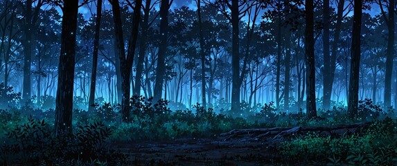 Wall Mural - dark foggy forest with night anime cartoon illustration art design