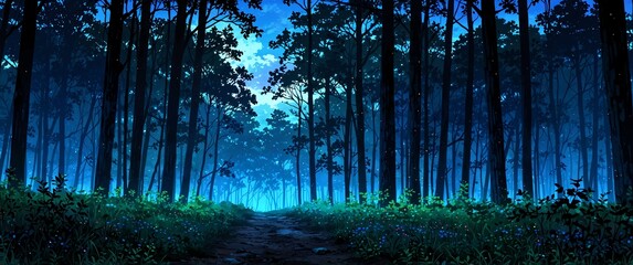 Wall Mural - dark forest with night anime cartoon illustration art design