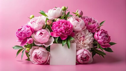 Sticker - Beautiful bouquet of peony flowers with blank card on pink background , peony, flowers, bouquet, beautiful, pink, romantic