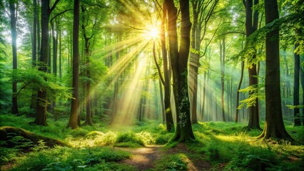 Sticker - Beautiful natural background of a lush forest with sunlight streaming through the trees, nature, forest, trees, sunlight