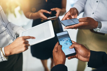 Poster - Technology, search and hands of people in circle for data sharing, meeting or collaboration with connectivity. Phone, tablet and team at digital agency with networking, business or project management