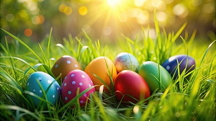 Poster - Colorful Easter eggs hidden in green grass, Easter, eggs, grass, hidden, colorful, hunt, spring, holiday, festive, bright