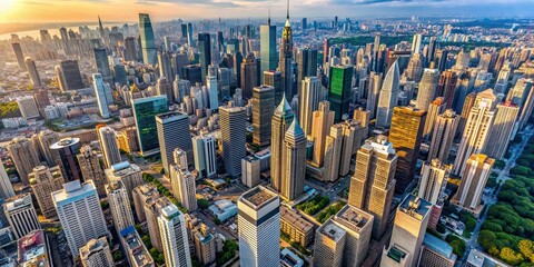 Sticker - Aerial view of a bustling city with skyscrapers and streets below, aerial, travel, cityscape, urban, buildings