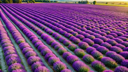 Sticker - Beautiful aerial view of a vibrant lavender field region with rows of blooming purple flowers , lavender, field