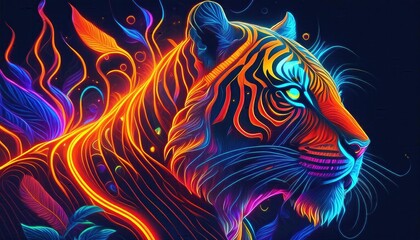  Tiger tattoo art, tiger neon lights - tattoo art, fantasy effect with fire 