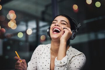 Poster - Night, happy and woman with headset in call center for customer service, consulting and joke to client. Agent, discussion and laughing with mic at work for IT support, solution and good review
