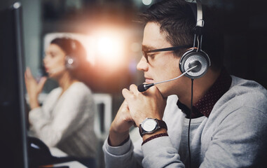 Poster - Call center, man and consultant with microphone for customer service with communication and FAQ support. Telemarketing, agent and telecom advisory with headphones, contact us and assistance at night