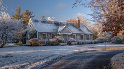 early winter morning with a Suburban Cape Cod home covered in a thin layer of frost, the crisp air adding to the scenea??s tranquility