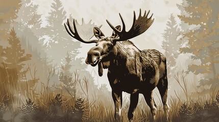 A sepia-toned illustration that captures a moose standing solo in a dense forest, invoking a timeless, classic feel reminiscent of vintage wildlife drawings.