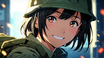 Wall Mural - Cute female soldier smiling anime cartoon illustration art design