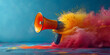 © Gonzalo - A megaphone ejecting an explosive burst of colorful paint splashes against a white background, symbolizing vibrant communication or announcement,with copy space.Communication concept