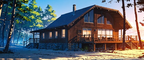 Wall Mural - log cabin house in beach anime cartoon illustration art design