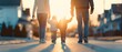 © Pual GotoMars - Family walking hand in hand along a sunlit neighborhood street, enjoying a peaceful evening stroll together at sunset.