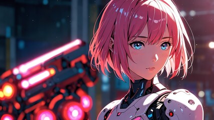 Wall Mural - Pink theme female android robot anime cartoon illustration art design