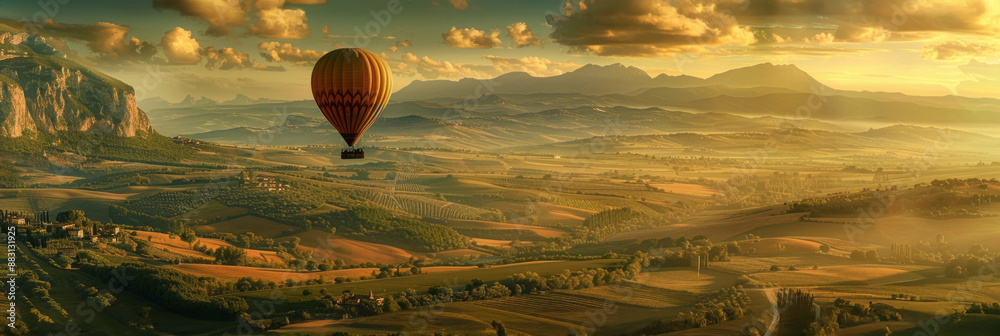 At sunrise, a family takes a hot air balloon ride over a stunning ...